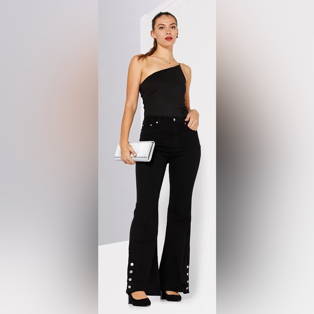 Michael Michael Kors Women Regular Fit Plain Wide Button Leg Pants, Black Sz 10